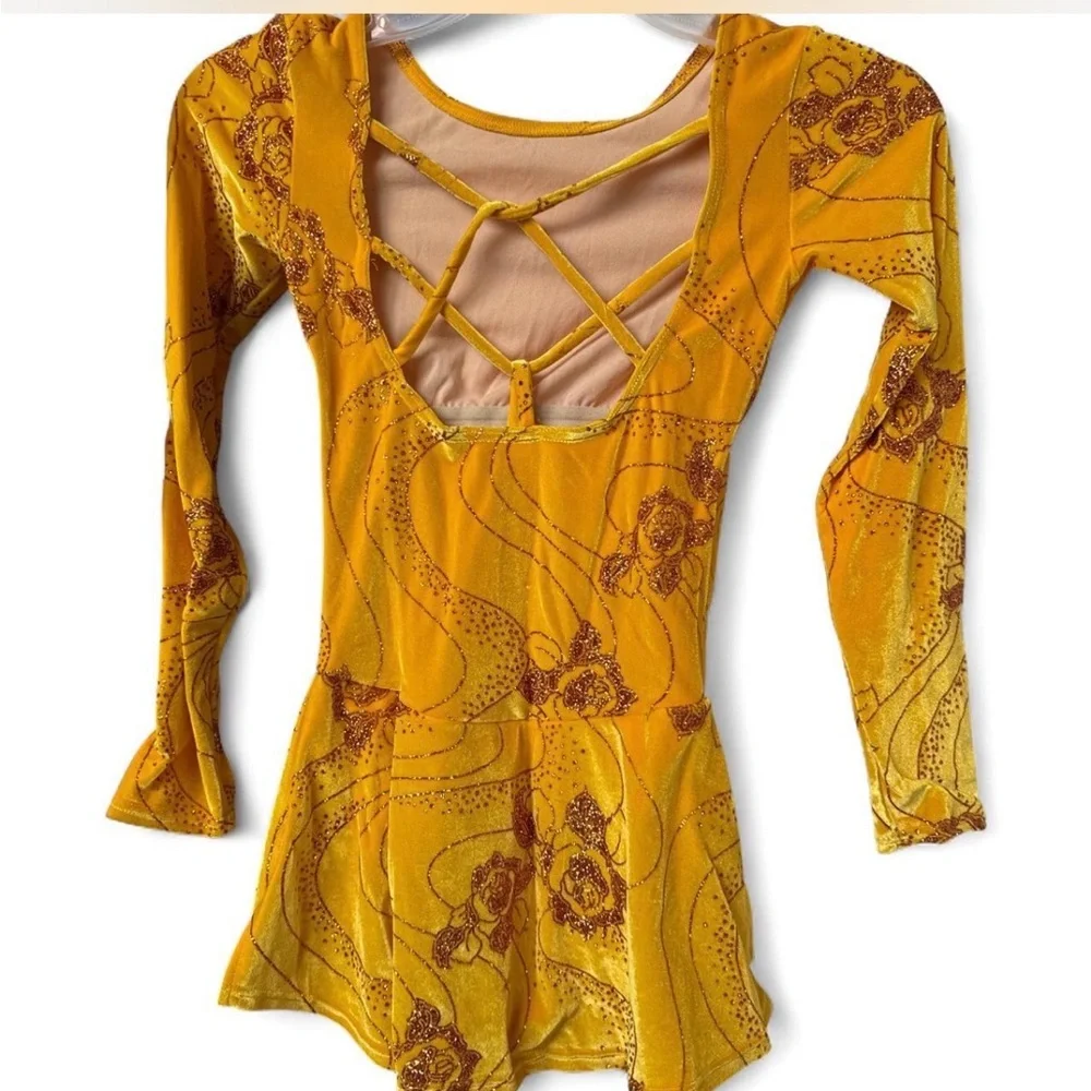 Girls' Mondor Ice Skating Velvet Floral Long-Sleeve Bodysuit in Yellow